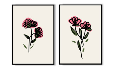Set of 2 botanical line art florals wall art. Minimalist modern flowers wall decoration for aesthetic bohemian and japandi home.