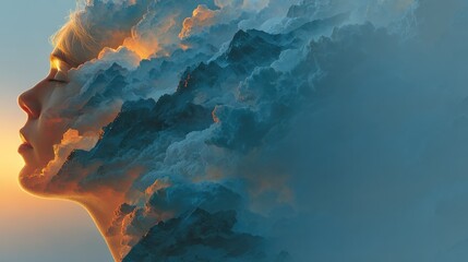 Conceptual artwork depicting human profile with clouds and mountains merged seamlessly