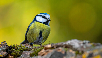Fototapeta premium A detailed close-up photo of a brightly colored Eurasian Blue Tit bird, featuring blue, white, and yellow plumage, perched on a mossy branch against a blurry greenish-yellow background