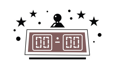 Minimalist vector graphic of a digital scoreboard displaying zero, featuring a classic joystick and celebratory stars, perfect for gaming events, competitions, or retro arcade designs