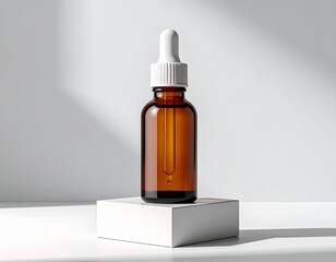 A brown amber glass dropper bottle with a metallic cap sits on a white cube pedestal, casting dramatic shadows in a minimalist studio setting. Ideal for skincare, cosmetics, and serum product visuals.