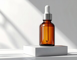 A brown amber glass dropper bottle with a metallic cap sits on a white cube pedestal, casting dramatic shadows in a minimalist studio setting. Ideal for skincare, cosmetics, and serum product visuals.