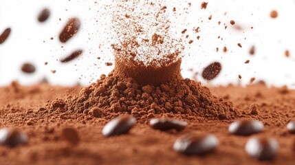 Coffee powder explosion, white background, close-up