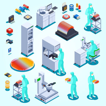 Isometric Detailed Microchip Semiconductor Manufacturing Process Equipment and Staff Illustration