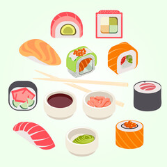 Flat Graphic Style Delicious Sushi Roll and Nigiri Asian Cuisine Meal