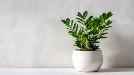 Zz plant in a white pot on a isolated white background showcasing its lush green leaves and simple elegance