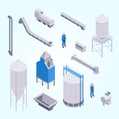 Isometric Detailed Grain Silo and Processing Machinery Plant Element Collection © enggartiasto