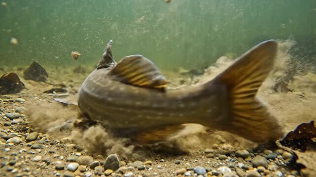 Catfish resting underwater - An underwater view of a catfish lying on the muddy bottom of a body of water. The fish rests among small rocks and sediment.