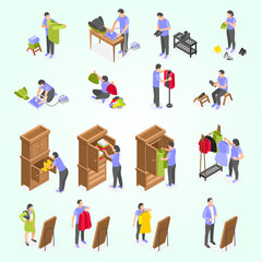 Isometric People Wardrobe Activities Dress Up Closet Ironing Shoe Rack