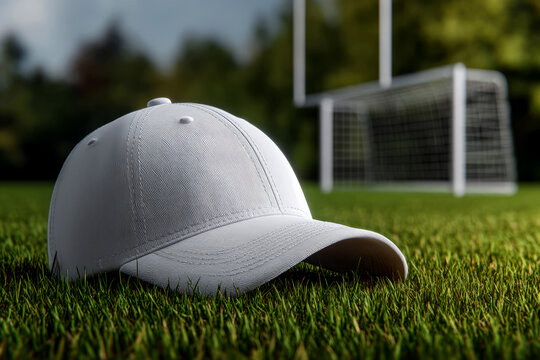 Crisp white baseball cap rests on vibrant green grass near a soccer net, perfect for athletic wear campaigns
