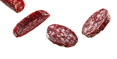Sliced salami pieces falling against a black background