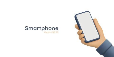 Hand holding smartphone with blank screen, 3D. Modern mockup for app advertising, web design, communication. Vector illustration.