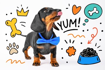 Cute dachshund puppy with blue bow tie and fun cartoon elements