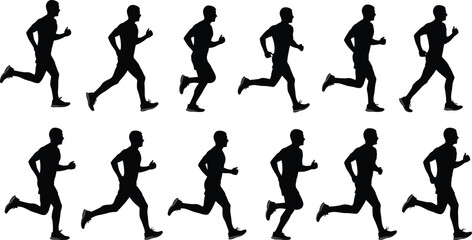 Naklejka premium Running silhouette sequence, human motion cycle, athletic stride illustration, biomechanics study, sports training concept, fitness exercise, animation reference, physical therapy diagram