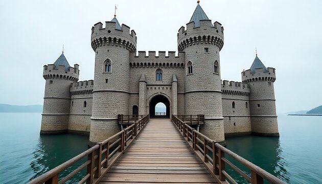 Massive stone castle with high walls and turrets features a wooden drawbridge leading over water. created with generative ai