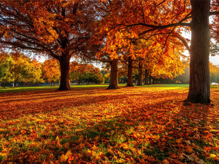 Golden Symphony of the Seasons: A Breathtaking Autumn Landscape in a Vast Park