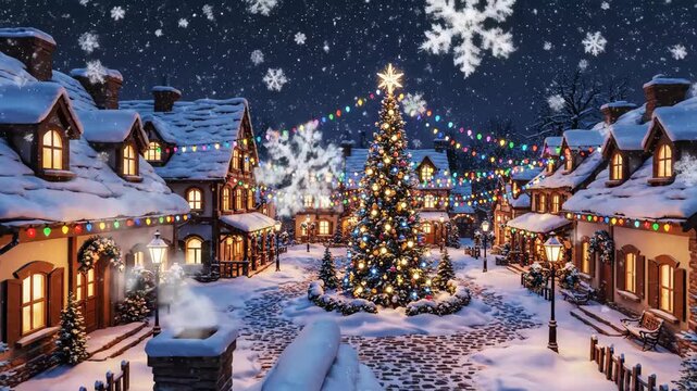 Christmas Night in Snowy Village - A quaint village is blanketed in snow and decorated for Christmas. A large Christmas tree stands in the center of the village square, adorned with lights and a