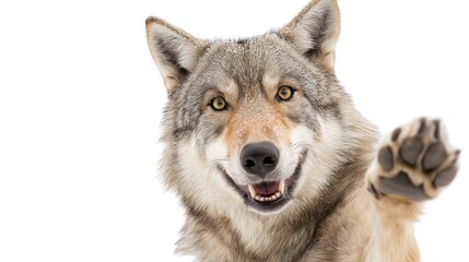 Fototapeta premium Eurasian wolf, Canis lupus lupus smiling and giving a high five isolated on whit