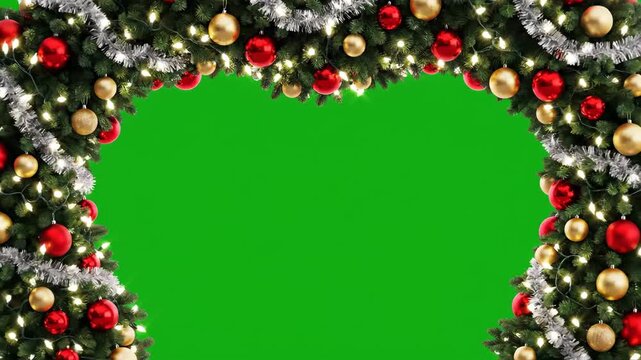 Festive Christmas Tree Frame on Green Screen - This video shows a festive Christmas tree frame adorned with red and gold ornaments, twinkling lights, and silver tinsel.