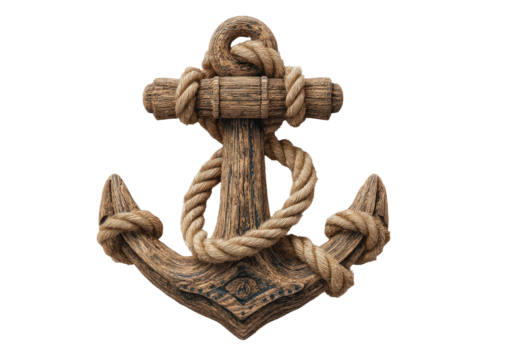 Wooden anchor with entwined rope, maritime motif on black