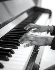 Obraz premium A grayscale shot captures hands playing a piano. The hands are centered, with selective focus on the keys. The keyboard is black and white