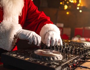 DJ in Santa outfit mixing music with equipment for Christmas cheer