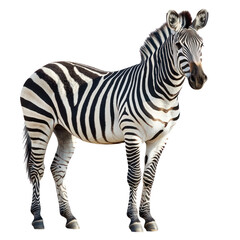 Fototapeta premium Zebra standing A zebra stands tall with its head high and ears perked. full length isolate on transparent background