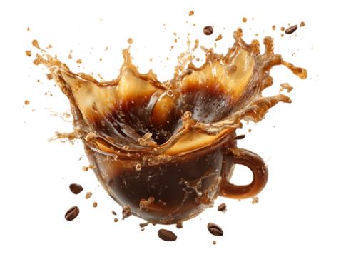 Dynamic Coffee Splash Brown Cup Transparent Background High Speed Photography, PNG