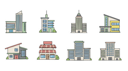 Fototapeta premium Diverse collection of vector line art building icons. Includes commercial, residential, and institutional architecture in a friendly, muted color palette.