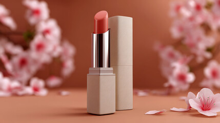 Elegant coral lipstick tube with spring blossoms for beauty advertising and romantic cosmetic promotions