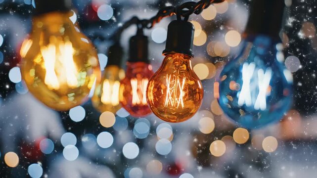 Glowing Christmas Lights Decoration - This video features a close-up of vintage-style Christmas lights glowing warmly. The lights are multicolored and add festive cheer to a winter holiday backdrop.