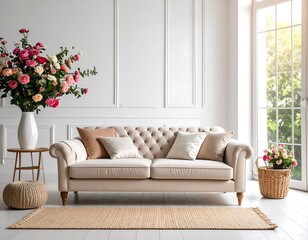 Elegant living room scene featuring a sofa, flowers, and soft lighting