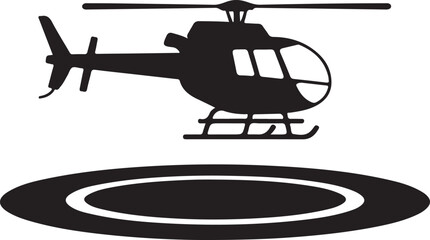 Black and white silhouette icon of a helicopter landing on a helipad vector