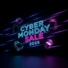 Naklejka premium Cyber Monday Sale 2025 Neon Sign with Shopping Bags and Gifts