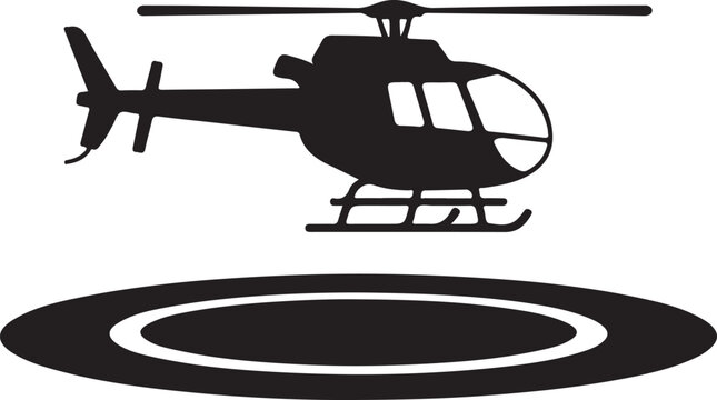 Black and white silhouette icon of a helicopter landing on a helipad vector