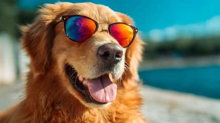 Happy golden retriever wearing colorful mirrored sunglasses outdoors on a bright day