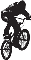 Fototapeta premium BMX cyclist silhouette performing jump trick on bike, extreme sports rider isolated on white background.