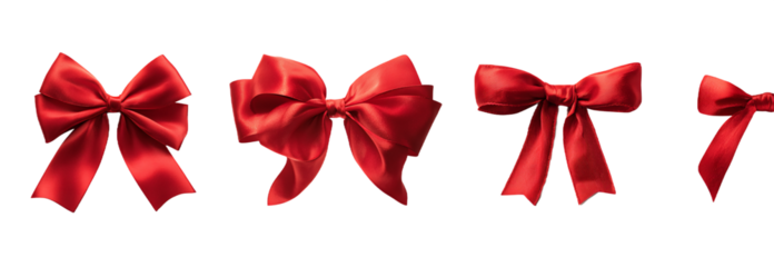 Elegant Collection of Four Red Satin Bows in Varying Styles on Transparent Background Perfect for Festive Designs and Holiday Decor Illustrations, PNG