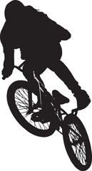 Fototapeta premium BMX cyclist silhouette performing jump trick on bike, extreme sports rider isolated on white background.