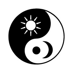 Sun and moon forming yin-yang – balance of day and night vector with white background 