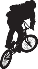 Fototapeta premium BMX cyclist silhouette performing jump trick on bike, extreme sports rider isolated on white background.