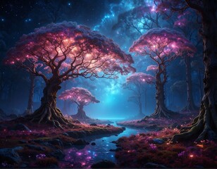 Fototapeta premium Ethereal forest scene, dreamy pink-purple trees by a flowing creek