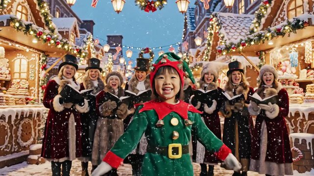 Christmas Market Carolers with Child Elf - A cute child dressed as an elf stands in front of a group of carolers singing at a festive Christmas market.