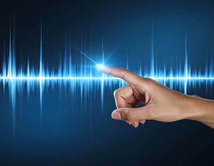 Digit touches a pulsating sound wave on a digital blue background