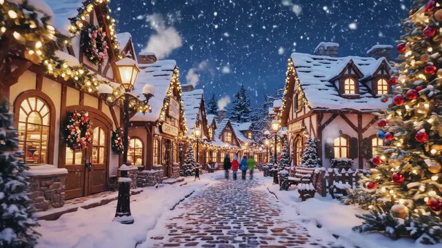 Enchanting Winter Village at Night - A picturesque winter village is blanketed in snow, with charming shops and houses decorated with festive lights and wreaths.