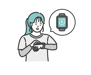 スマートウォッチで万歩計アプリを確認する女性