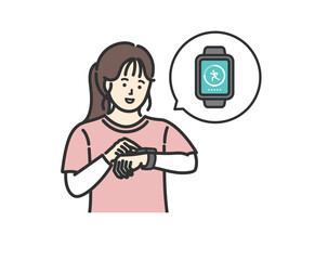 スマートウォッチで万歩計アプリを確認する女性