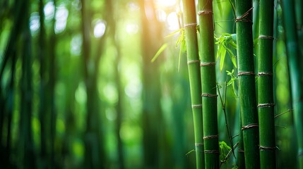 Obraz premium Several vibrant green bamboo stalks rise tall within a sunlit forest setting