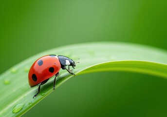 Fototapeta premium Ultra sharp macro view of a vibrant red ladybug on a fresh green leaf with dew drops