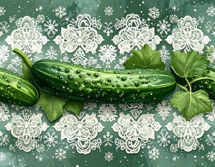 Fresh cucumbers with leaves on a textured green background with white snowflake pattern